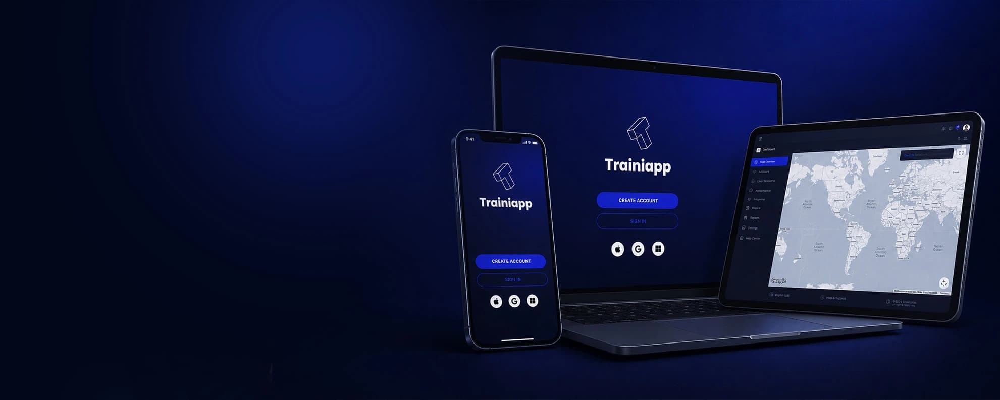 Trainiapp running across laptop, tablet, and mobile